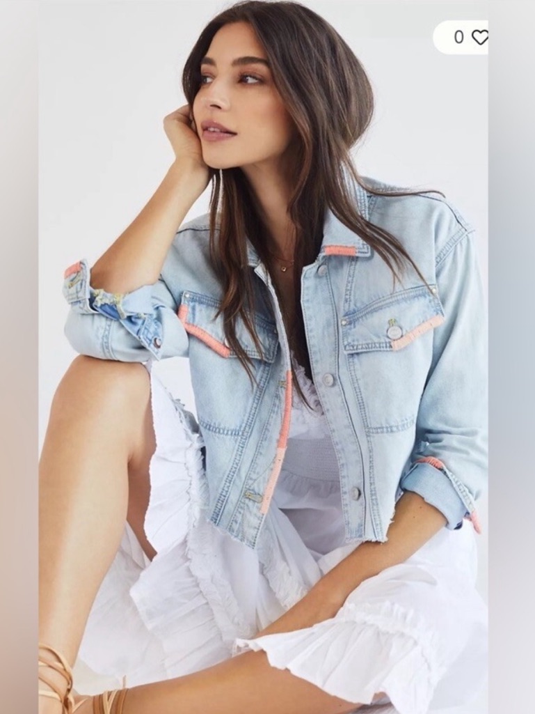 Anthropologie Cropped Light Wash Denim Jacket With Coral Trim